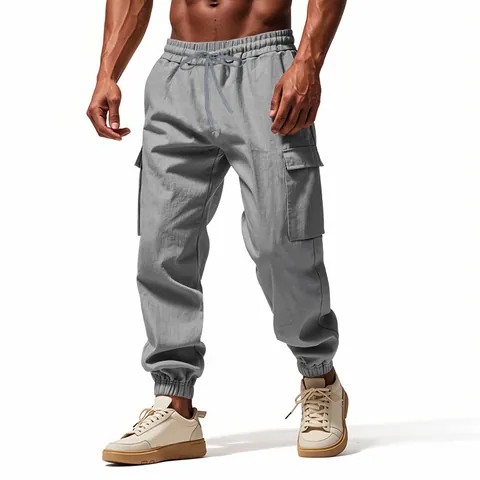 Men Linen Polyester Cargo Jogger Pants Casual Loose Drawstring Multi Pocket Breathable Outdoor Athletic Sweatpants Bottoms