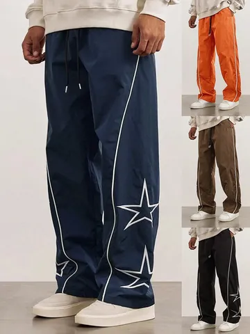 Men's High Street Sports Joggers Star Embroidered Side Stripes Casual Drawstring Polyester Pants Streetwear