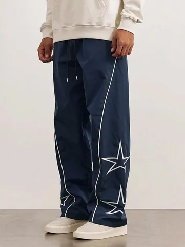 Men's High Street Sports Joggers Star Embroidered Side Stripes Casual Drawstring Polyester Pants Streetwear