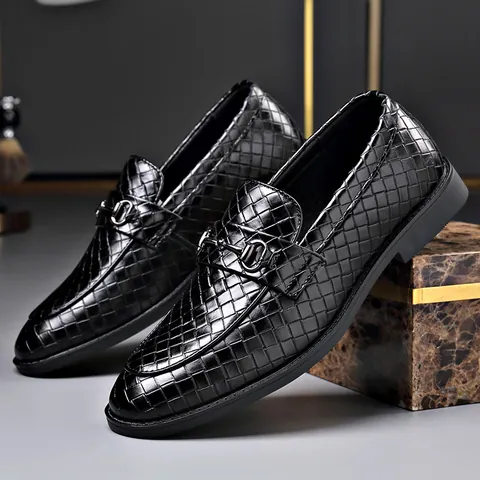 Mocasines de Hombre Estilo Británico Zapatos de Vestir Formales Textura Tejida Cuero PU Bocado de Metal Mocasines Casuales Zapatos de Conducción Sin Cordones