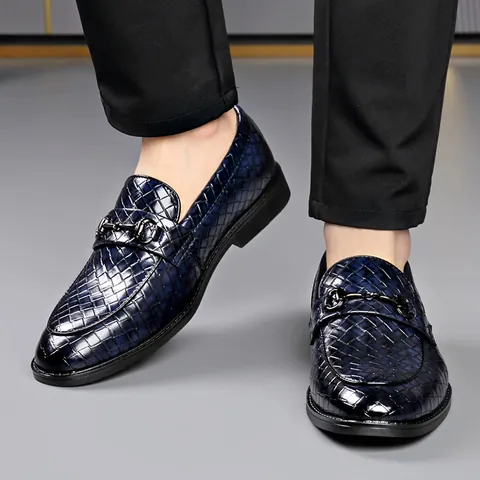 Mocasines de Hombre Estilo Británico Zapatos de Vestir Formales Textura Tejida Cuero PU Bocado de Metal Mocasines Casuales Zapatos de Conducción Sin Cordones