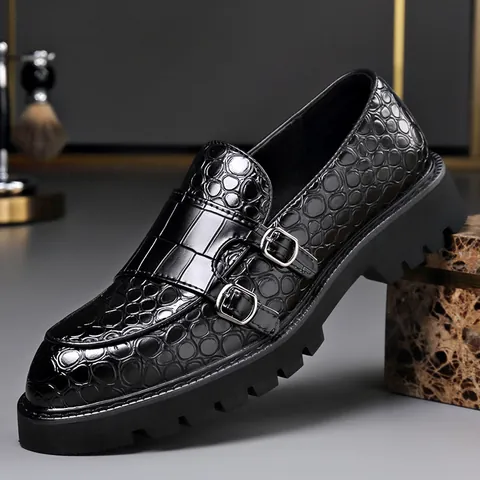 Zapatos de Cuero Casuales para Hombre Estilo Británico Plataforma Aumento Estatura Mocasines Monk Strap Cocodrilo
