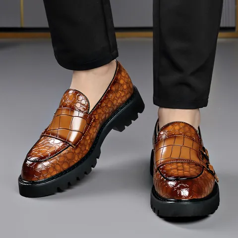 Zapatos de Cuero Casuales para Hombre Estilo Británico Plataforma Aumento Estatura Mocasines Monk Strap Cocodrilo