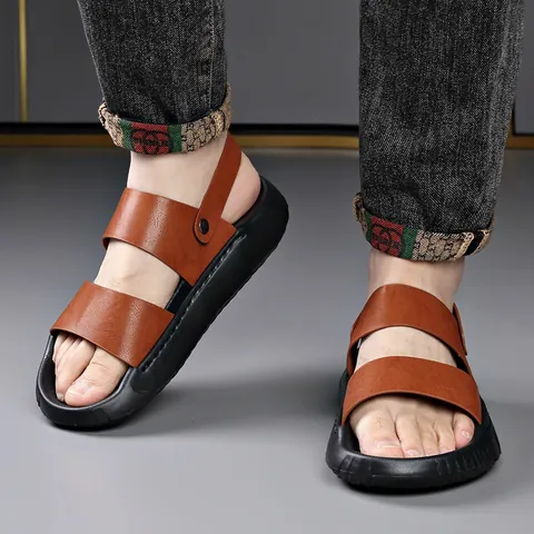 Sandalias Casuales de Dos Vías para Hombre Verano Suela Gruesa Pantuflas de Playa Antideslizantes Zapatos de Conducción al Aire Libre de Cuero Artificial Suela de EVA