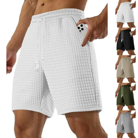 Herren Waffelstrick-Shorts Sommer Lässig Einfarbig Kordelzug Locker Gerade Sportshorts Workout Unterteil Kleidung
