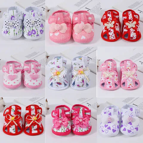 Cute Infant Baby Girl Sandals Floral Polka Dot Canvas Soft Sole Anti-Slip First Walker Shoes With Bow Artificial Pearl Decor Summer Toddler Prewalker Sandals