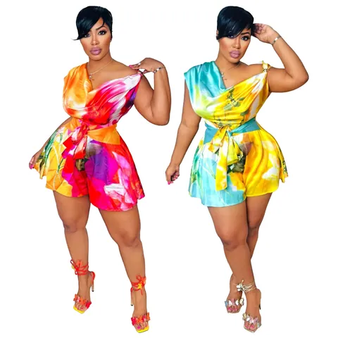 Women Sexy Backless Asymmetrical Neck Floral Print Romper Sleeveless Waist Tie Summer Fashion Casual Jumpsuit One Piece