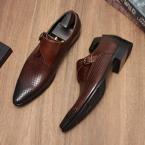 Men Business Dress Shoes Genuine Cowhide Leather Hollow Out Breathable Monk Strap Pointed Toe British Style Formal Shoes