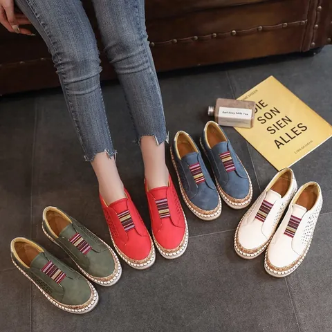 Dames Casual Platte Loafers Ademend Opengewerkte Schoenen Met Gekleurde Gestreepte Band Kurktextuur Zool Slip-on Wandelschoenen