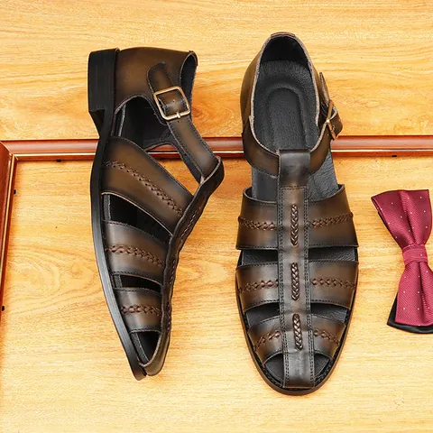Men Genuine Leather Roman Sandals British Retro Woven Hollow Closed Toe Casual Summer Buckle Breathable Leather Shoes