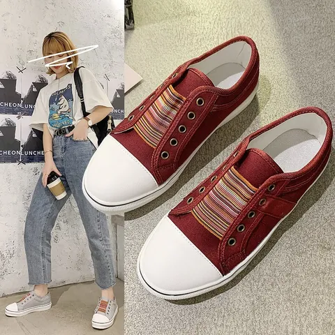 Women Retro PU Platform Canvas Shoes Casual Round Toe Slip On Sneakers With Colorful Elastic Band Thick Sole Board Shoes