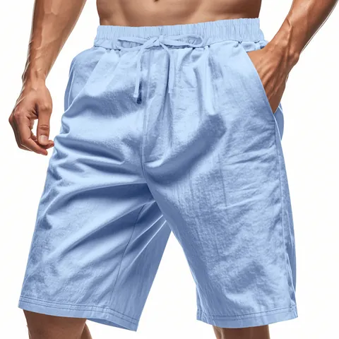 Pantaloncini in Lino da Uomo Estivi Casual Spiaggia Coulisse Vita Elastica Pantaloni a Cinque Punti Traspiranti Larghi Intrecciati per Vacanza