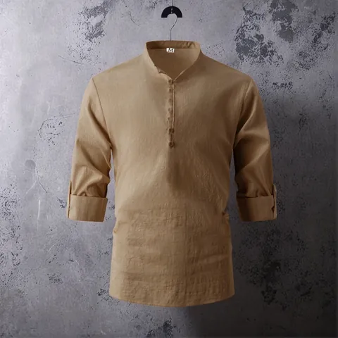 Camicia Henley da Uomo in Cotone Collo alla Coreana Manica Lunga Casual Spiaggia Yoga Slim Fit Tinta Unita