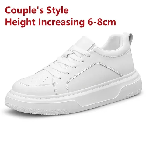 Unisex Platform White Sneakers For Men Women Internal Height Increasing Thick Sole Leather Casual Skate Shoes Fashion Fashionable Footwear