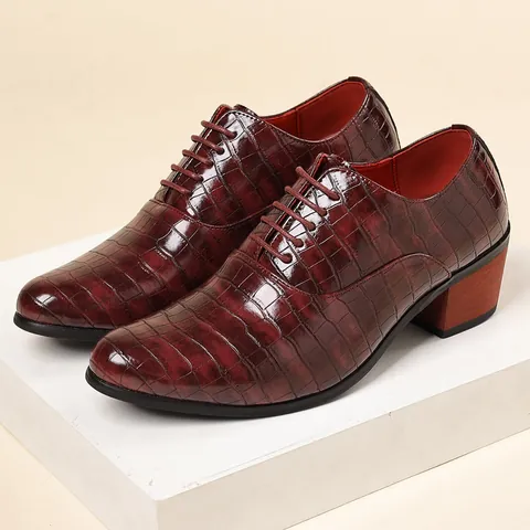 Herren Leder Schuhe British Style Steinmuster Hoher Absatz Vintage Krokodil Textur Schnürung Business Casual Hochzeit PU Halbschuhe