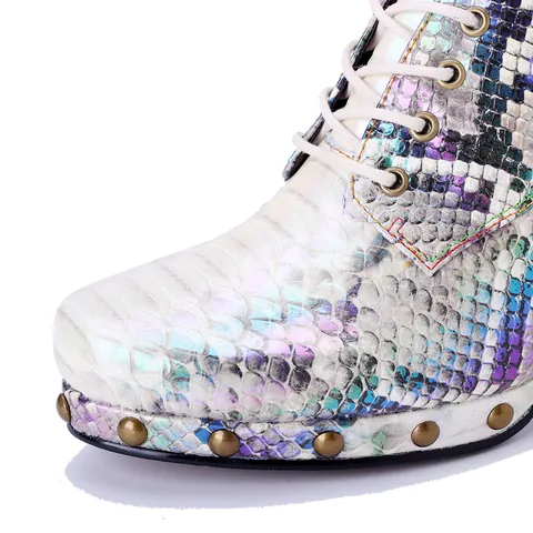 Dames Punk Slangenprint Holografische Pumps met Hoge Hakken Vetersluiting Klinknagels Metallic Streetwear Schoenen