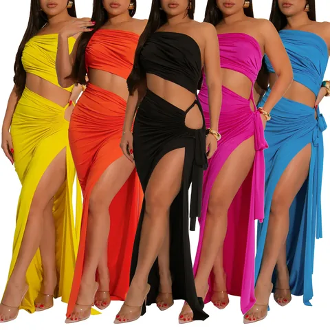 Robe Longue Femme Sexy Une Épaule Ajourée Fente Haute Plissée Couleur Unie Sans Manches Polyester Soirée Robe Ajustée