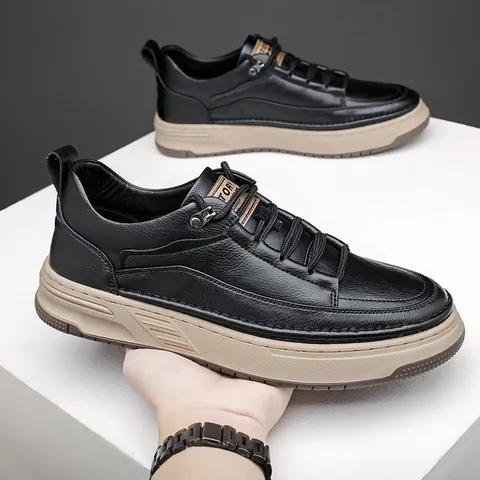 Herren Retro Casual Lederschuhe Britischer Stil Low Top Fashion Work Wear Rutschfeste Dicke Sohle Braun Schwarz Grau Sneakers