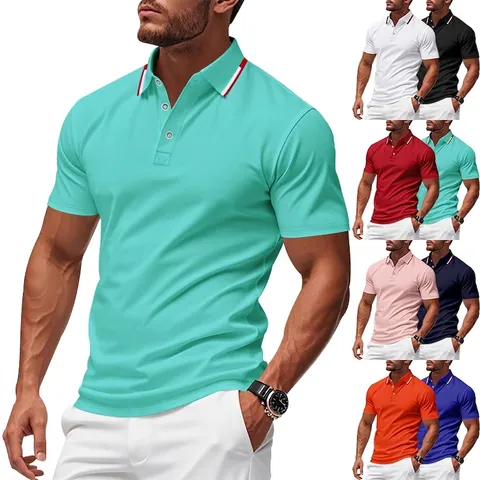 Men's Quick Dry Mesh Polo Shirt Casual Golf Short Sleeve Breathable Polyester Top Patchwork Stripe Collar Polo