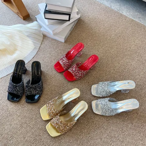 Mules à Bout Carré pour Femmes Talon Bloc en Cristal Transparent Strass Sandales d'Été Mode Or Argent Rouge Noir Mules