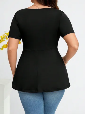 Haut Peplum Femme Grande Taille Col en V Décor de Boutons Manches Courtes Couleur Unie Peplum T-Shirt Slim Fit Élégant Chemisier d'Été