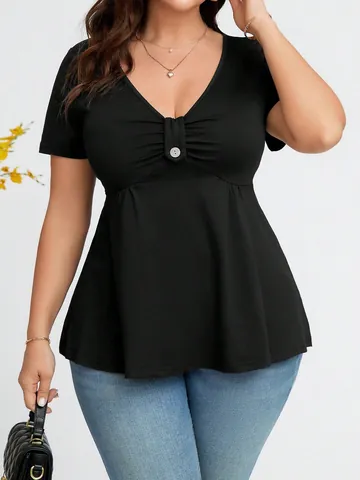 Haut Peplum Femme Grande Taille Col en V Décor de Boutons Manches Courtes Couleur Unie Peplum T-Shirt Slim Fit Élégant Chemisier d'Été