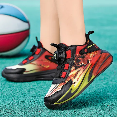 Boys Basketball Shoes Breathable Flyknit Sports Running Sneakers With Rotary Buckle Non-Slip Shock Absorption Basketball Performance Ball Shoes For Teenagers Student Summer