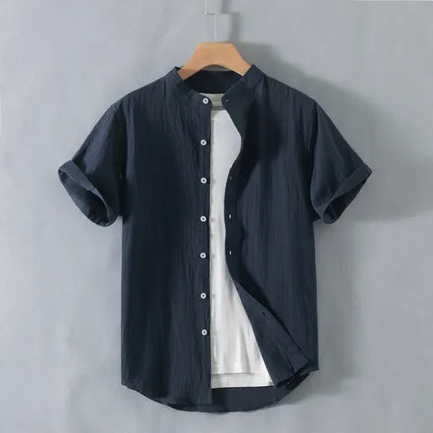 Herren Japanisches Retro Leinentextur Hemd Stehkragen Kurzarm Polyester Einfarbig Atmungsaktiv Casual Button Up Top