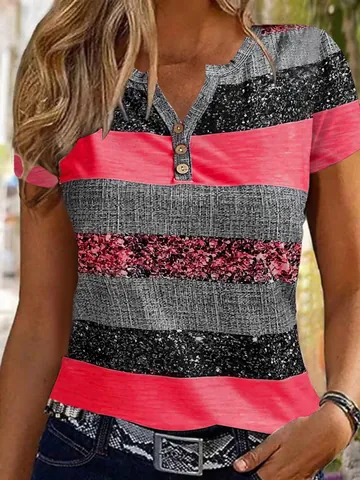T-Shirt Décontracté à Rayures pour Femmes Haut Henley à Col en V Avec Boutons Polyester Manches Courtes Coupe Standard Vêtements d'Été Confortables