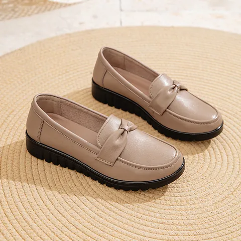 Women Genuine Leather Comfort Flats Loafers Cowhide Soft Sole Mom Shoes Non-slip Casual Office Work Shoes With Bowknot