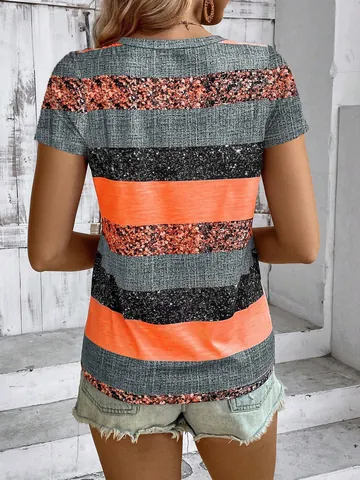T-Shirt Décontracté à Rayures pour Femmes Haut Henley à Col en V Avec Boutons Polyester Manches Courtes Coupe Standard Vêtements d'Été Confortables