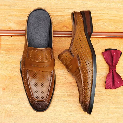 Men Genuine Leather Mules Summer Hollow Out Pointed Toe Business Casual Slip-on Loafer Slippers Breathable Leather Shoes