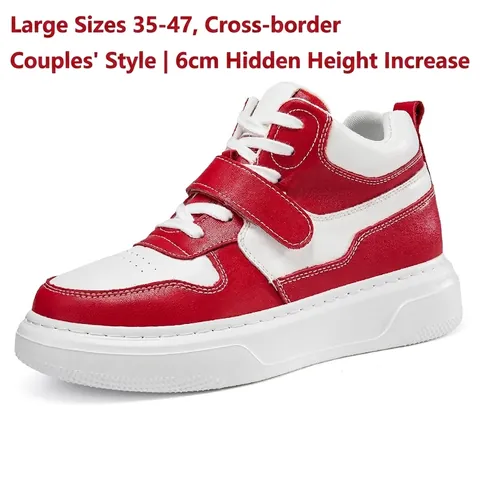 Unisex Cowhide Leather Color Block Skate Shoes Mid-Top 6cm Inner Height Increasing Fashion Sneakers Retro Casual Sports Shoes