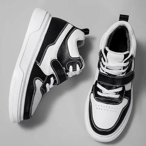 Unisex Cowhide Leather Color Block Skate Shoes Mid-Top 6cm Inner Height Increasing Fashion Sneakers Retro Casual Sports Shoes