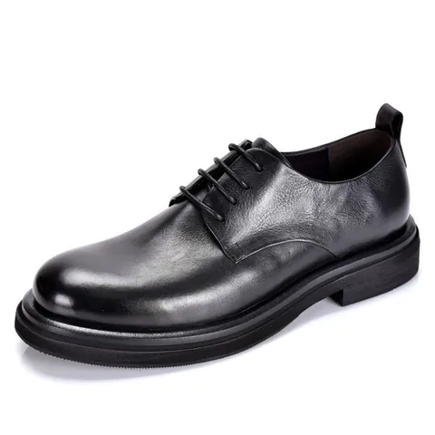 Men First Layer Cowhide Derby Shoes British Style Round Toe Lace Up Business Casual Cowhide Work Leather Shoes