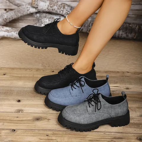 Women's British Style Platform Loafers Retro Lace-up Casual Shoes Chunky Sole Non-slip PU Leather Denim Texture Single Shoes