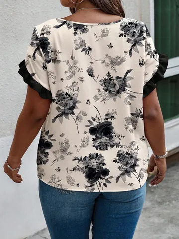 Chemisier Grande Taille pour Femme avec Imprimé Floral et Manches à Volants Mode d'Été Décontracté Col Rond Haut de Femme