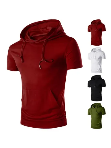 Men Casual Hooded Short Sleeve T-Shirt Polyester Kangaroo Pocket Drawstring Hood Solid Color Athletic Top Fitness Workout Summer