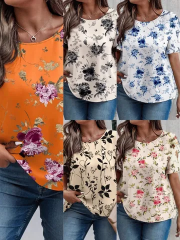 Top Décontracté pour Femmes Imprimé Floral Col Rond Manches Courtes Volants Patchwork Froncé Design Grande Taille T-Shirt en Polyester