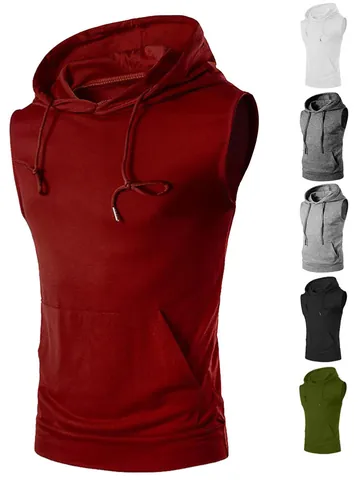 Herren Sport Ärmelloser Hoodie Pullover Weste Polyester Gym Laufen Top Kängurutasche Einfarbig Kordelzug Kapuze Training