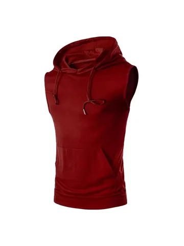 Herren Sport Ärmelloser Hoodie Pullover Weste Polyester Gym Laufen Top Kängurutasche Einfarbig Kordelzug Kapuze Training