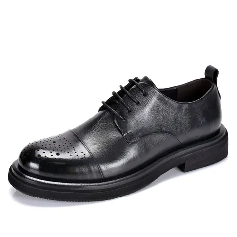 Men's Genuine Leather Derby Shoes Business Casual Brogue Carved Thick Sole Wear-Resistant Round Toe Lace-Up Dress Shoes