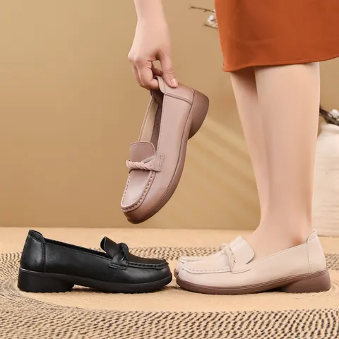 Women Comfort Mother Shoes Slip-On Soft Microfiber Leather Loafers With Bow Knot Non-Slip Casual Low Top Flat Shoes