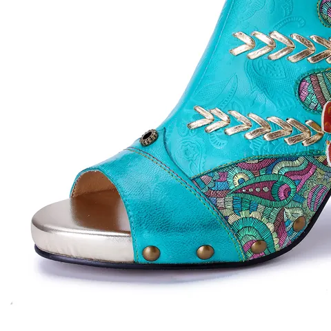 Women's Genuine Leather Handmade 3D Flower High Heel Sandals Boots Bohemian Spliced Ethnic Style Turquoise Blue Peep Toe Summer Boots