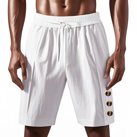 Herren Sommer Leinen Strandshorts Elastischer Bund Kordelzug Einfarbig Lässige Sportshorts Mit Knopfdetail