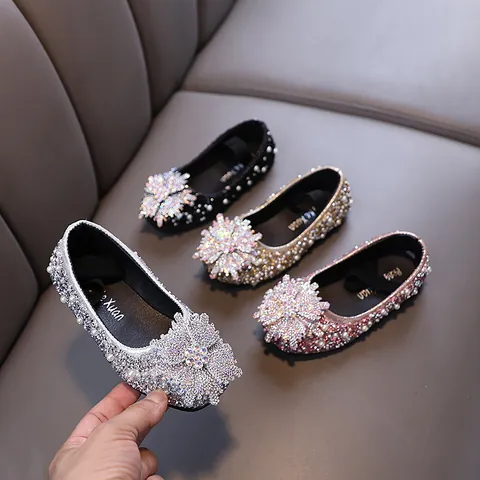 Toddler Girls Princess Rhinestone Shoes Sparkling Sequin Flats With Artificial Pearl Snowflake Decor For Party Performance Dancing Kid Shoes