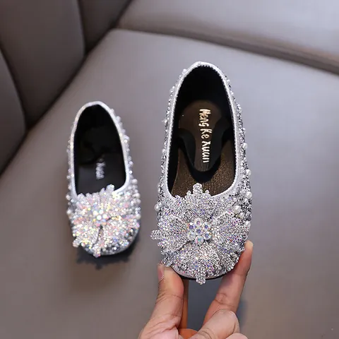 Toddler Girls Princess Rhinestone Shoes Sparkling Sequin Flats With Artificial Pearl Snowflake Decor For Party Performance Dancing Kid Shoes