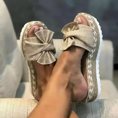 Women Wedge Slippers Cowhide Bow Espadrille Hemp Rope Platform Summer Beach Sandals Large Size Slides