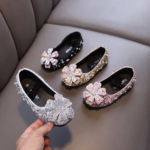 Girls Princess Rhinestone Shoes Pearl Flower Decor Lady-like Dance Performance Party Wedding Kids Dress Shoes