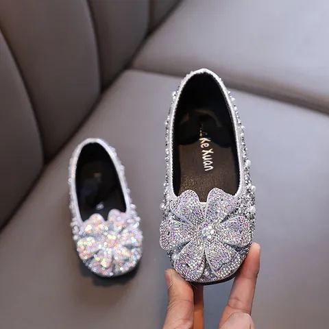 Girls Princess Rhinestone Shoes Pearl Flower Decor Lady-like Dance Performance Party Wedding Kids Dress Shoes